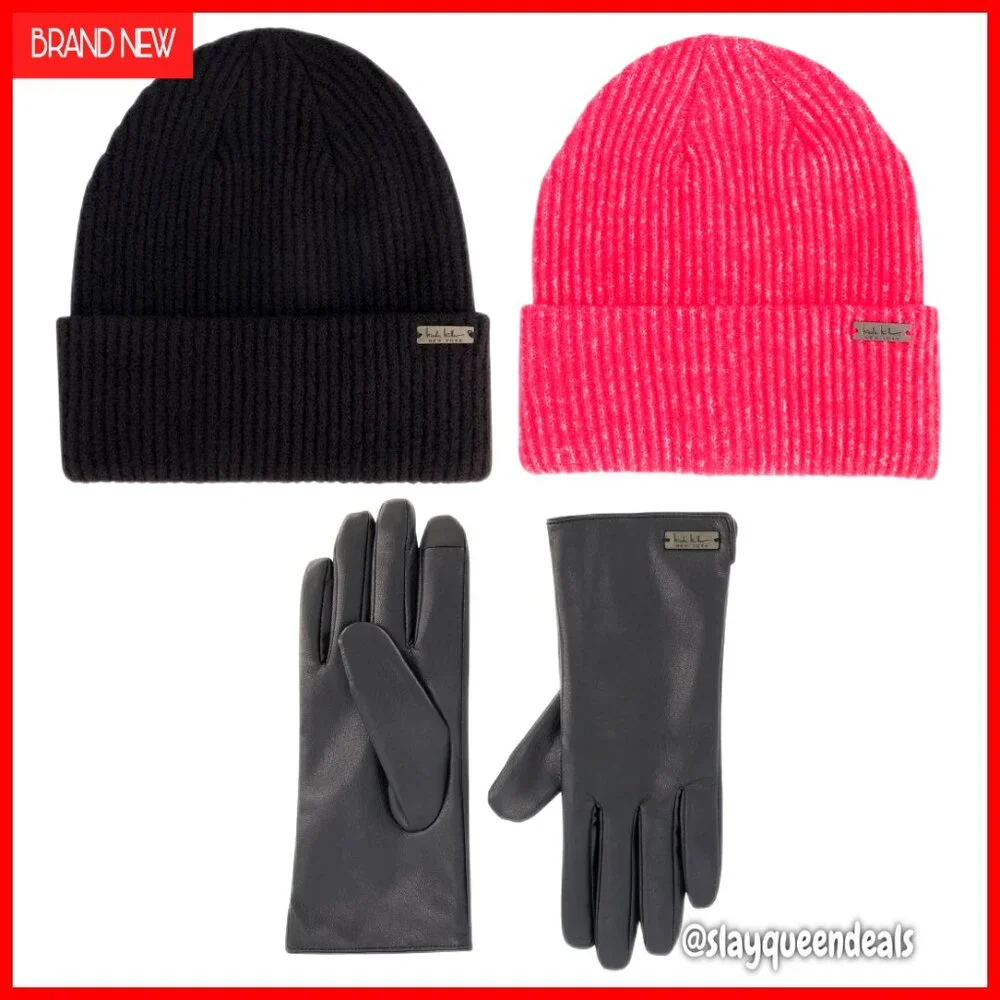 Winter Beanie Hat and Faux Leather Gloves Set for Women, Pack of 2